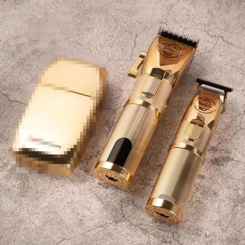 Gold-coloured cordless hair clipper with dual USB and power supply charging options