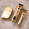 Gold-coloured cordless hair clipper with dual USB and power supply charging options