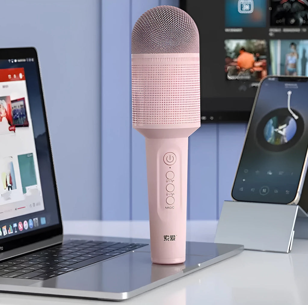 Wireless Bluetooth karaoke microphone in pink, blue and green colour options