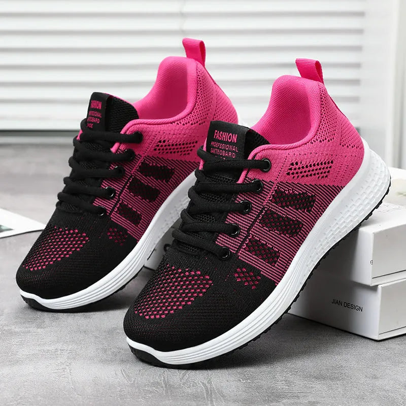 Women's Flyknit running shoes in black, rose red, or grey pink with soft sole and lace-up front.