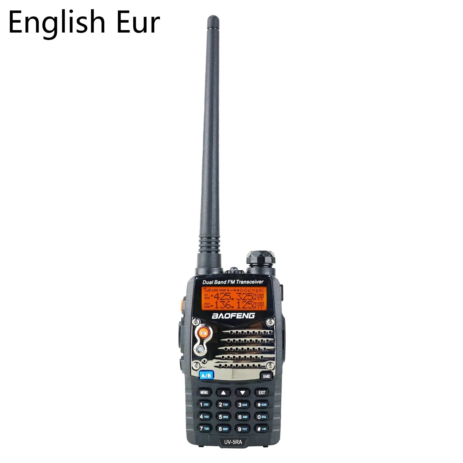 Baofeng UV-5RA black handheld dual-band two-way radio with dual display and antenna.