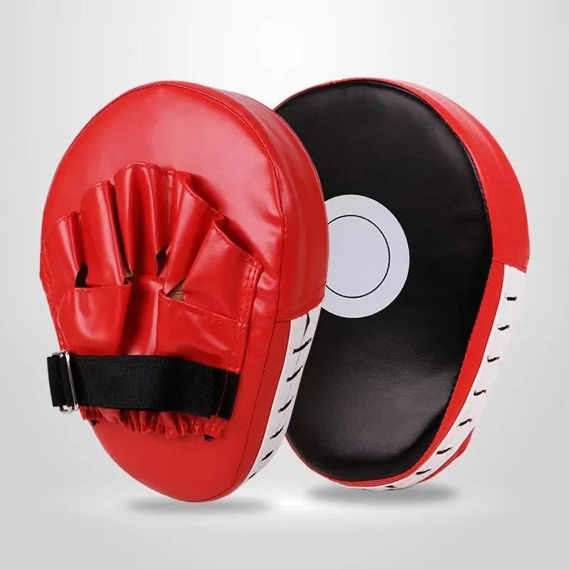 Boxing punch mitts and target pads for Sanda and Muay Thai training, available in curved or flat designs with multiple colour options.