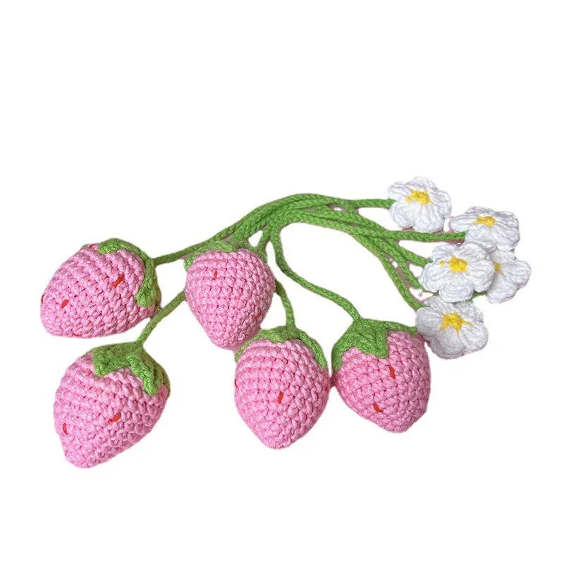 Wool crochet strawberry pendant necklace with knitted texture and 35cm length