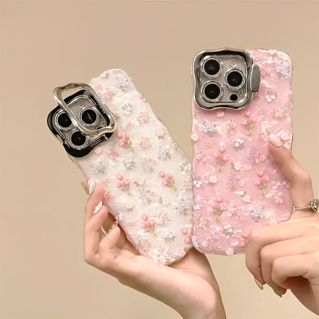 Acrylic shell pattern floral lens bracket protective case for Apple iPhone in wave pink