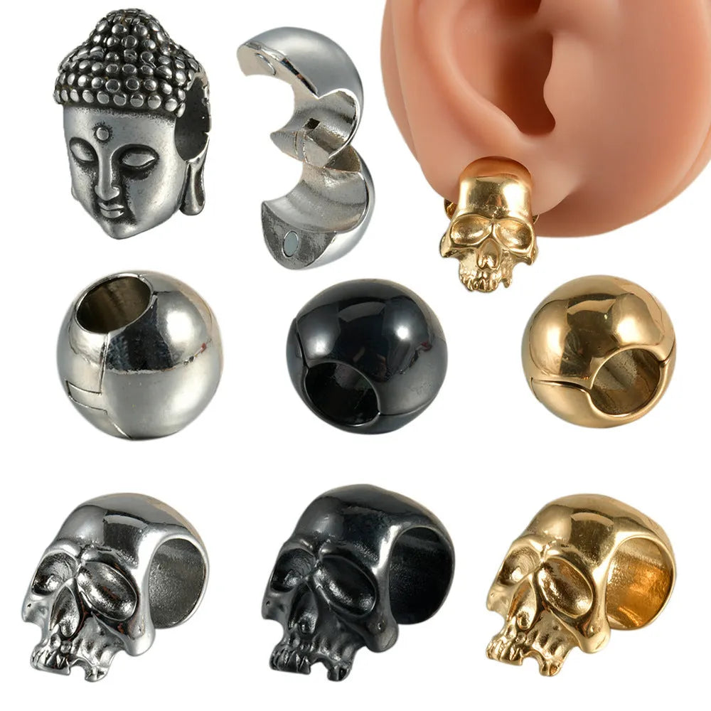 Personalised stainless steel hollow skull Buddha earrings in geometric design