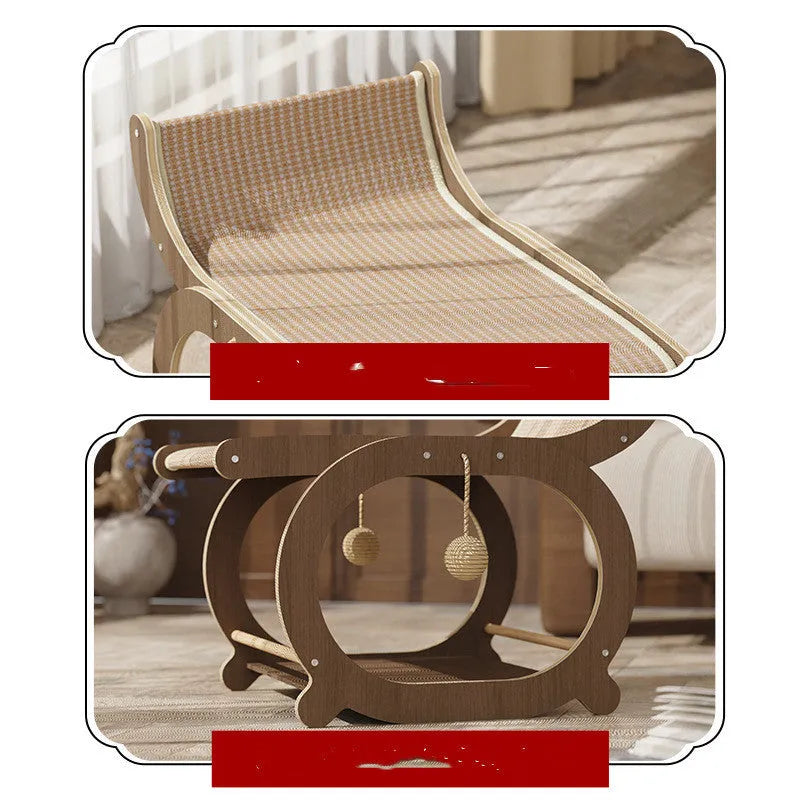 Solid wood sisal cat scratching mat in walnut colour on a wooden floor.