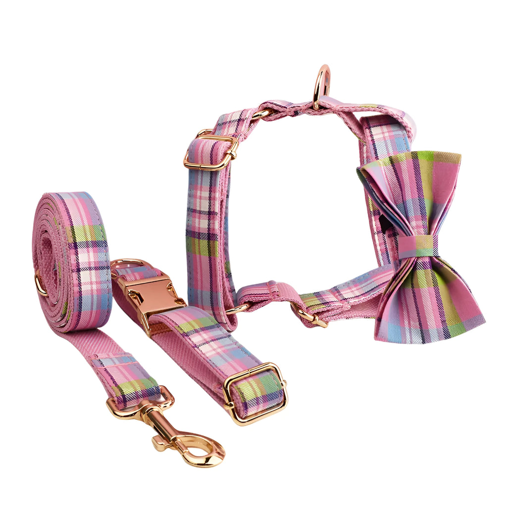 Four-piece dog accessory set with collar, leash, vest and decorative bow in cloth construction