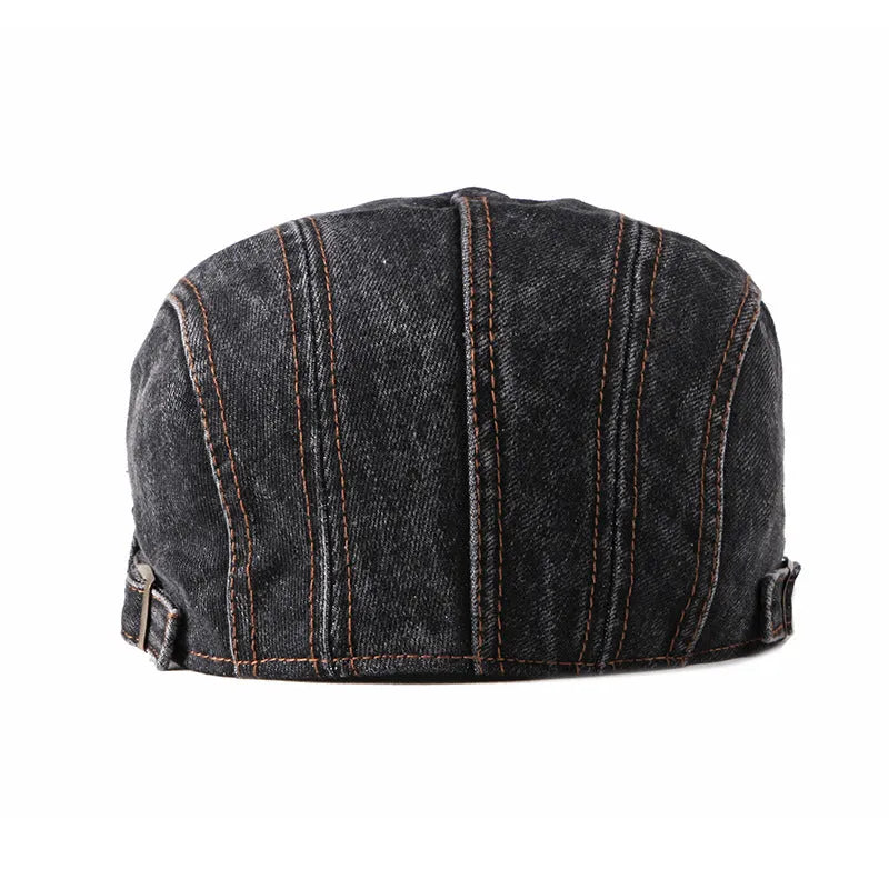 Fashion wash cotton denim beret with flat top, curly brim, and tie-dye pattern in dark denim blue colour
