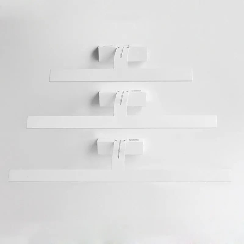 White framed LED bathroom mirror headlight mounted on wall showing three light colour options.