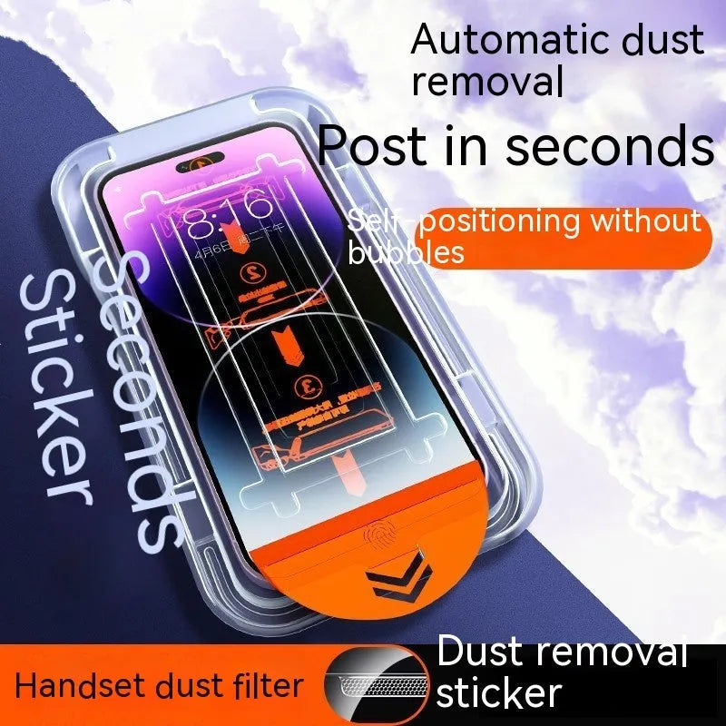 Dust-free Warehouse tempered glass iPhone screen protector two-pack showing HD and privacy variants
