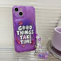Purple English graffiti love pendant chain on a transparent TPU iPhone case.