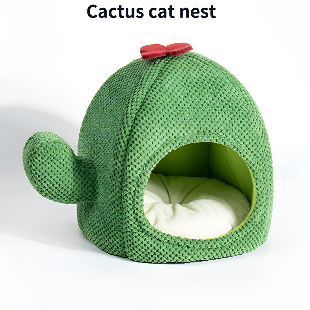 Dark green enclosed plush pet bed cave for cats and small dogs, diameter 45cm.