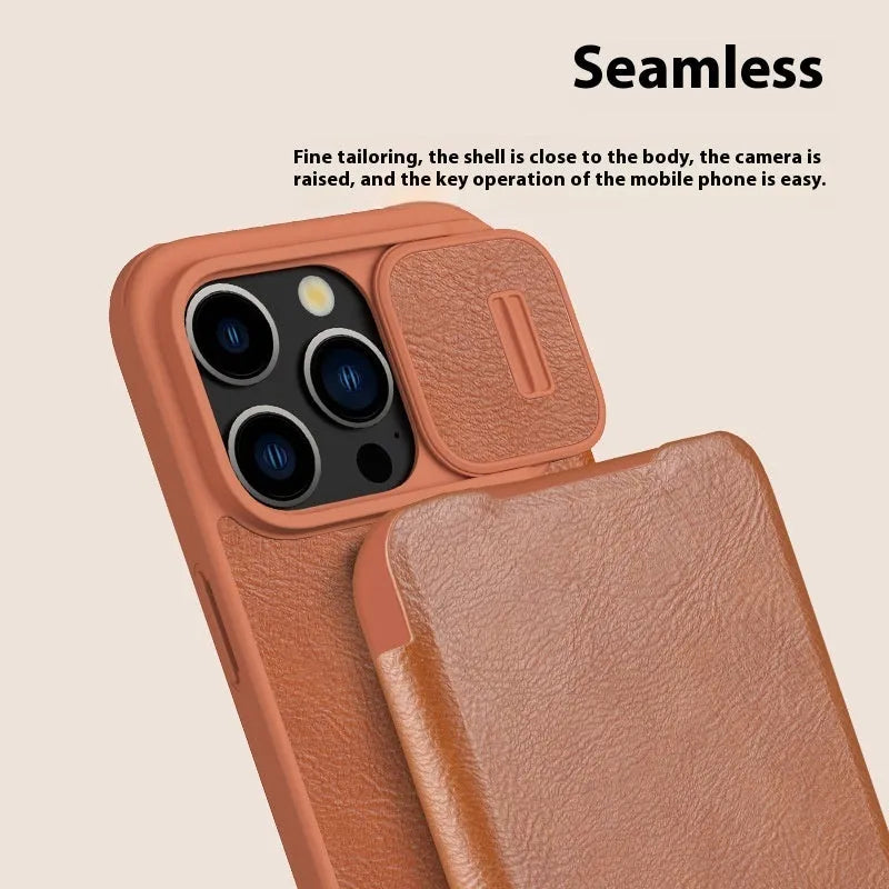 Imitation leather flip phone case for iPhone showing black, brown, and red colour options
