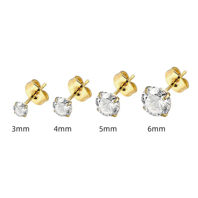 Titanium steel geometric square zircon stud earrings in gold and steel colour finishes