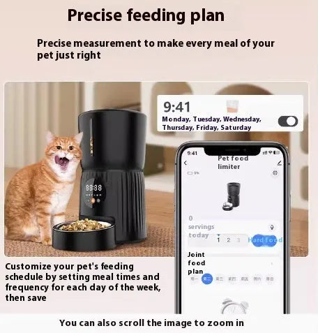 Black and white automatic pet feeder with smartphone app showing feeding schedule