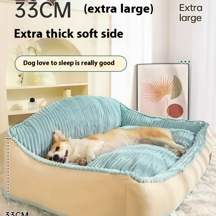 Morandi coloured removable washable pet bed mat with lazy sofa design for dogs and cats, shown in two size options.