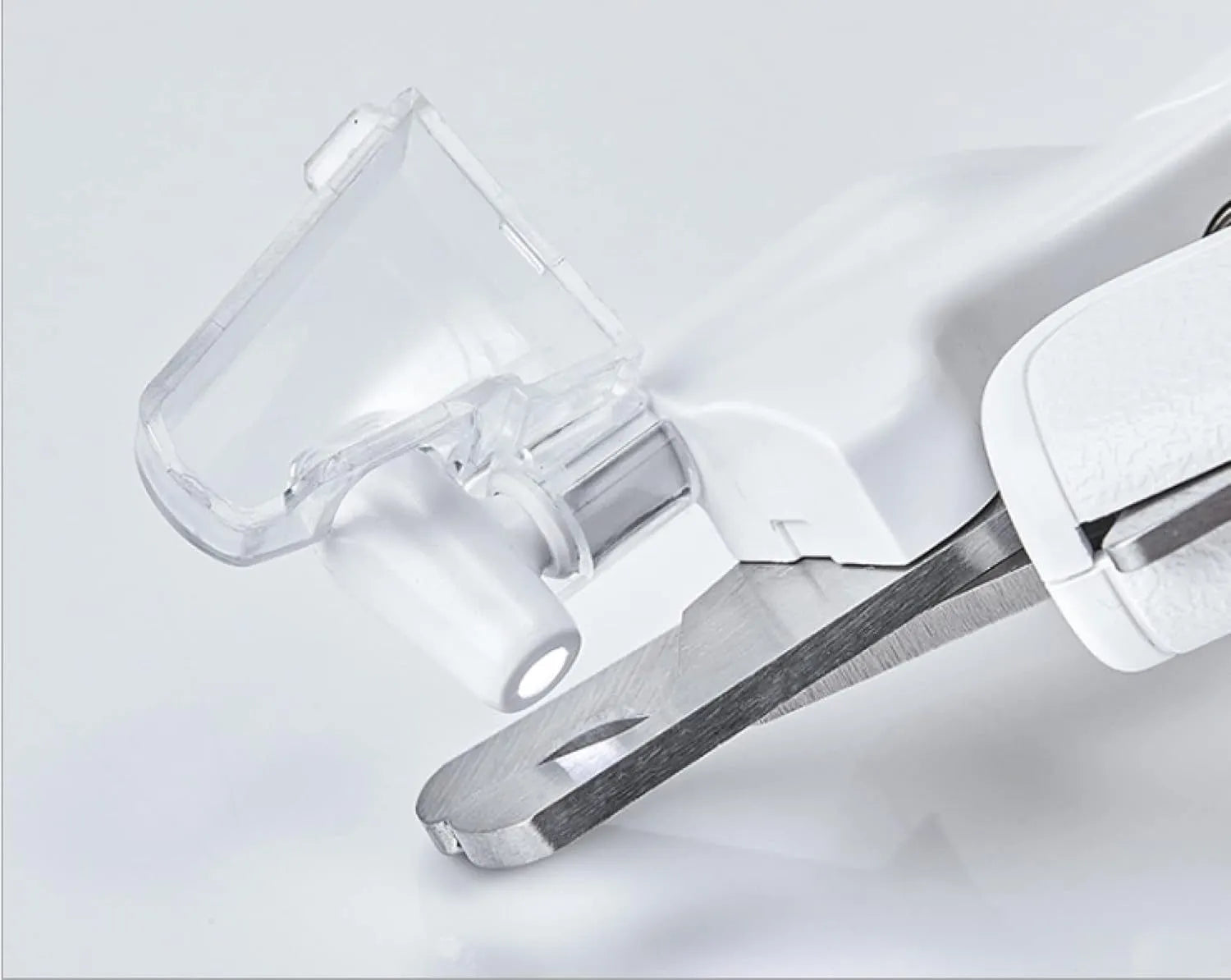 White pet nail clipper with LED light, transparent anti-splash guard, and leather-like handle