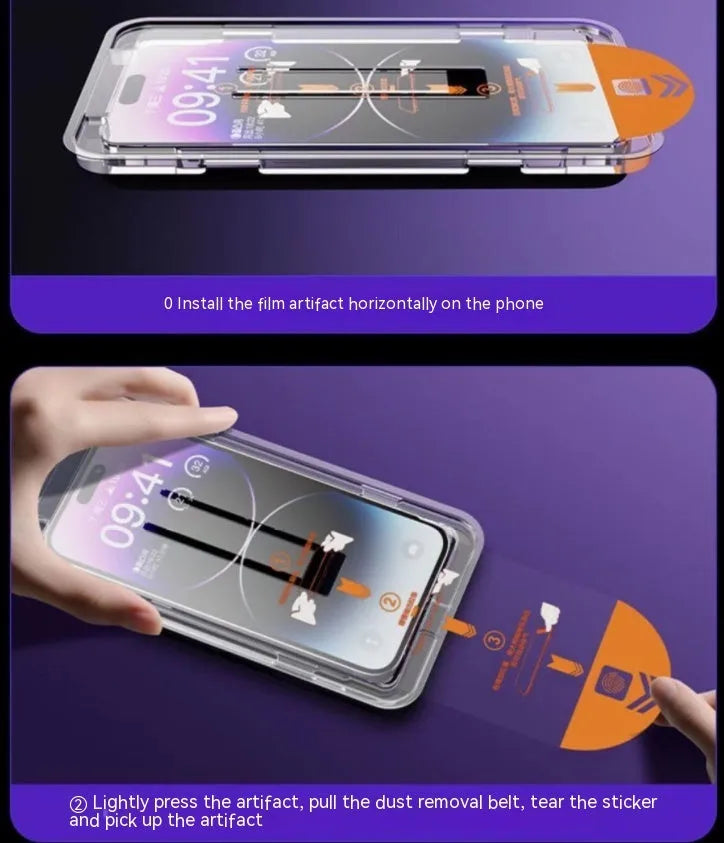 iPhone tempered glass screen protector with anti-fingerprint and anti-blue light features, shown with dustproof application net.