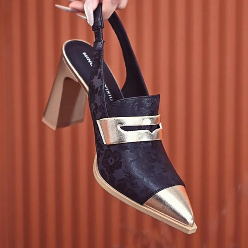 Women's black chunky heel strap sandals with pointed toe and elastic band closure