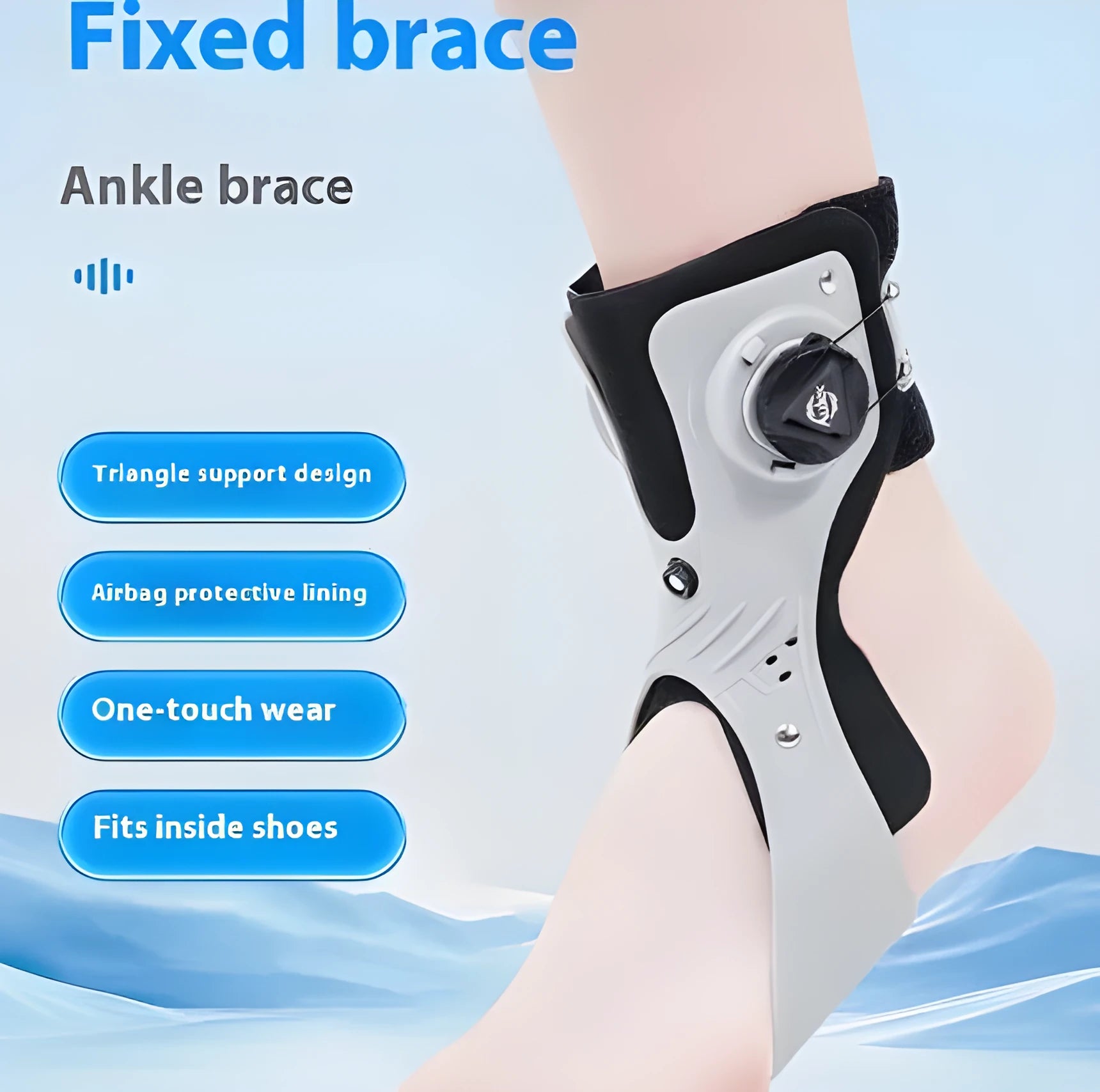 Ankle support brace with airbag button for training and rehabilitation in black or grey colour