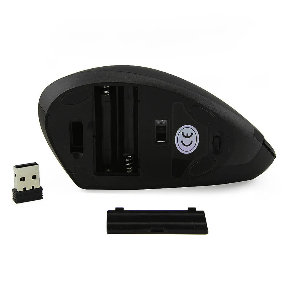 Wired black optical mouse with ergonomic handheld shape, six buttons, four-way scroll wheel, and USB cable on a desk