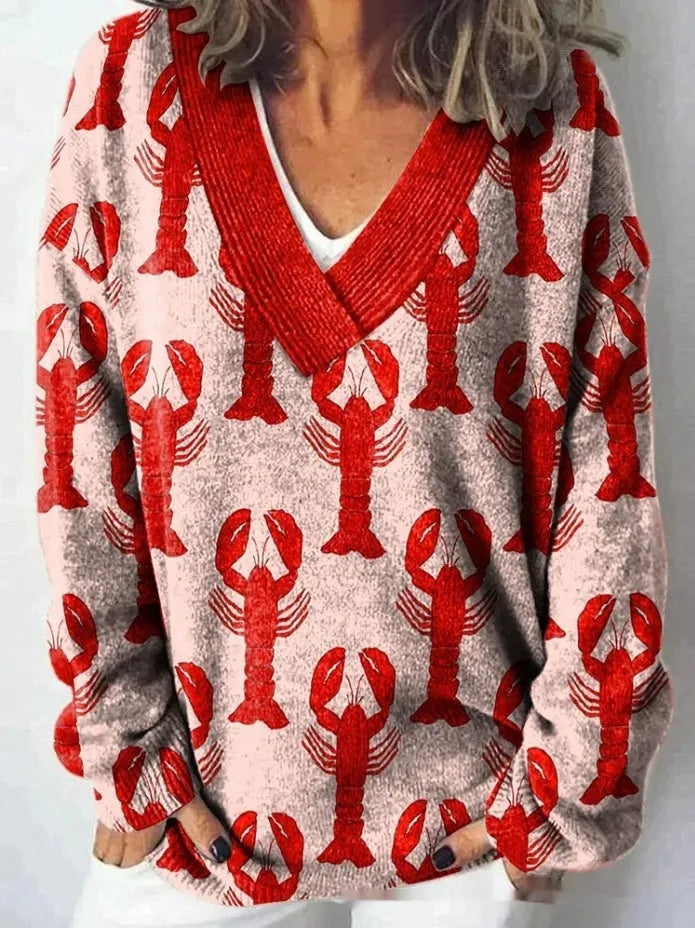 Women's long sleeve V-neck sweatshirt with a detailed 3D floral print in an art retro style.