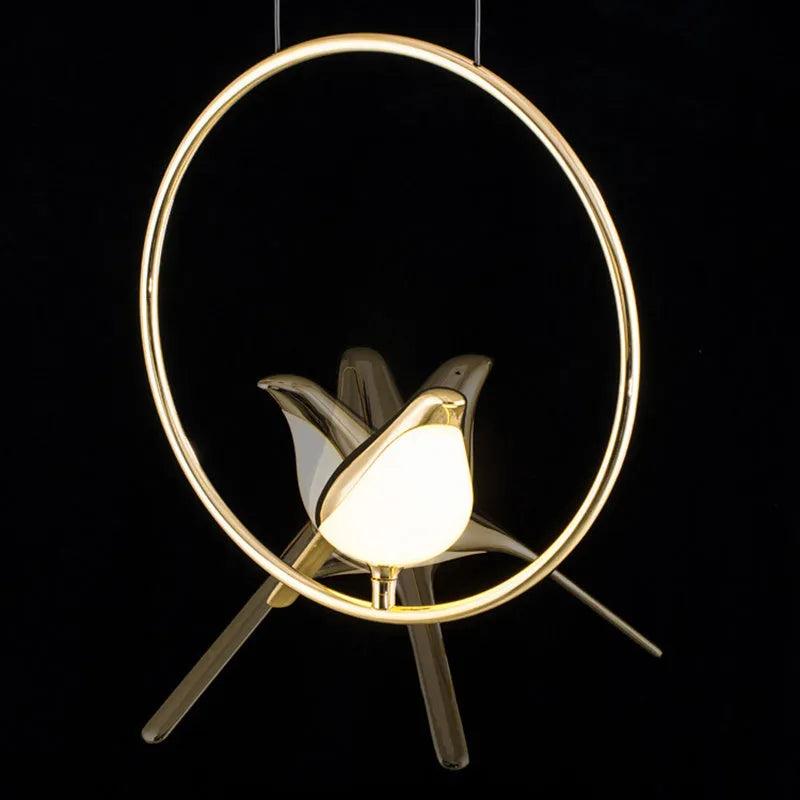 Modern minimalist magpie bird shaped chandelier with zinc alloy and acrylic construction.