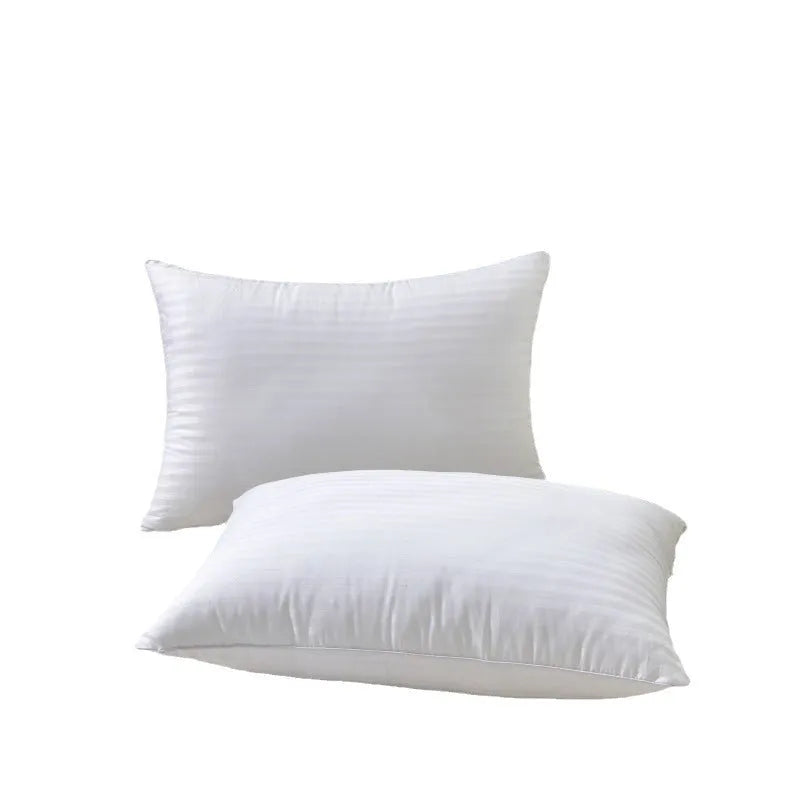 White cotton satin stripe pillow with feather and cotton fill, shown in three different size options.