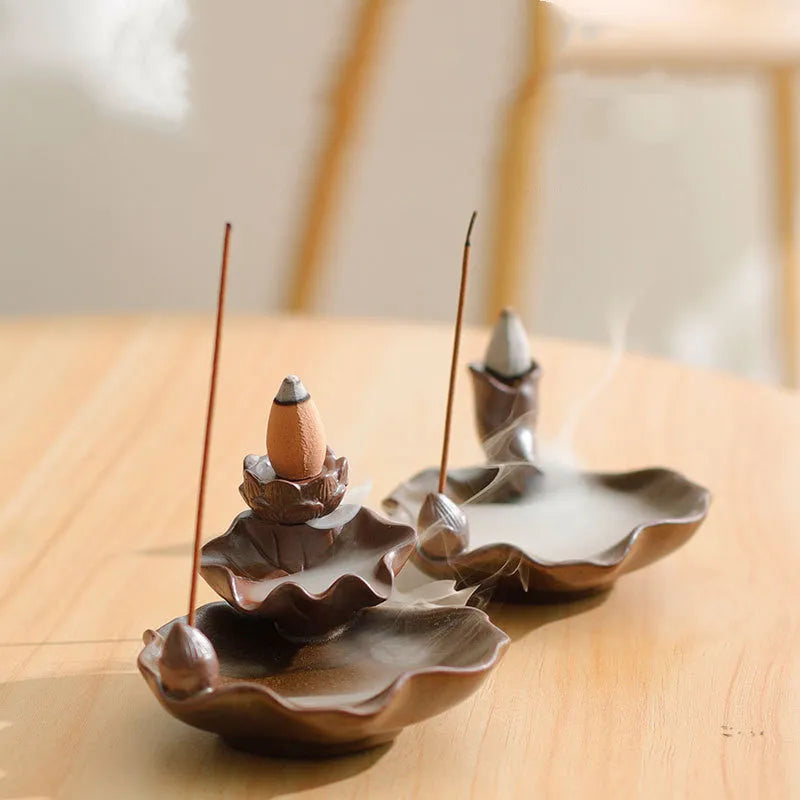 Purple clay ceramic reverse flow incense burner with crystal glaze lotus design