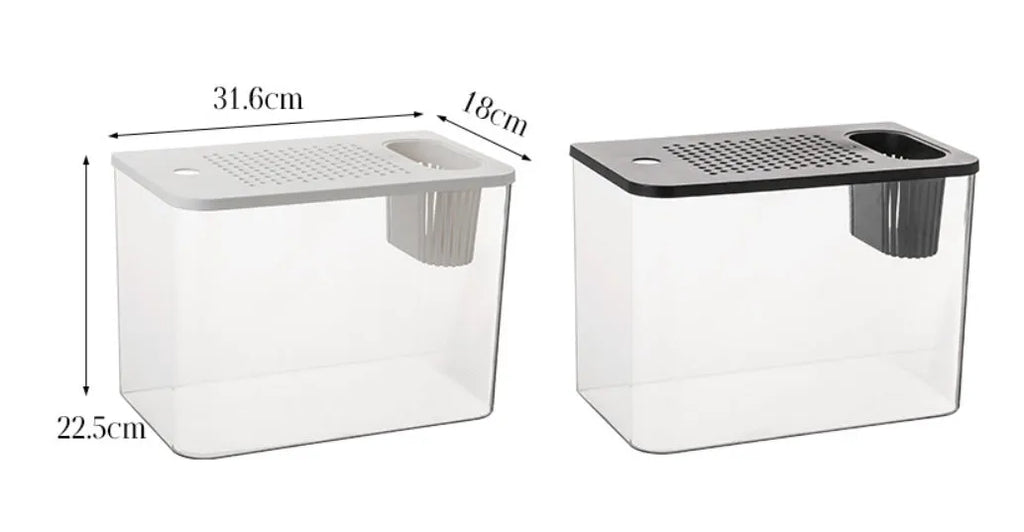 Small black plastic betta fish tank with lid, dimensions 32cm by 18.5cm by 23cm.