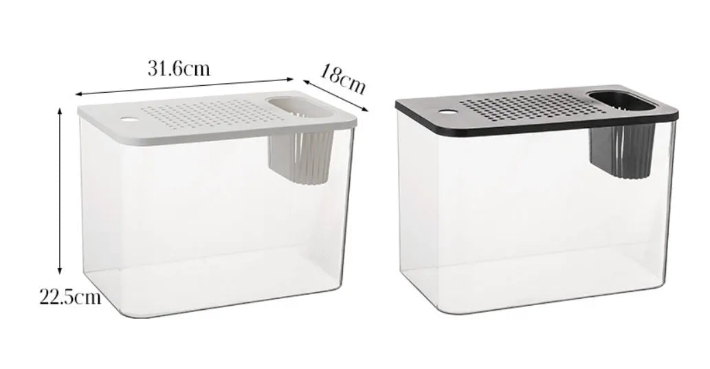 Small black plastic betta fish tank with lid, dimensions 32cm by 18.5cm by 23cm.
