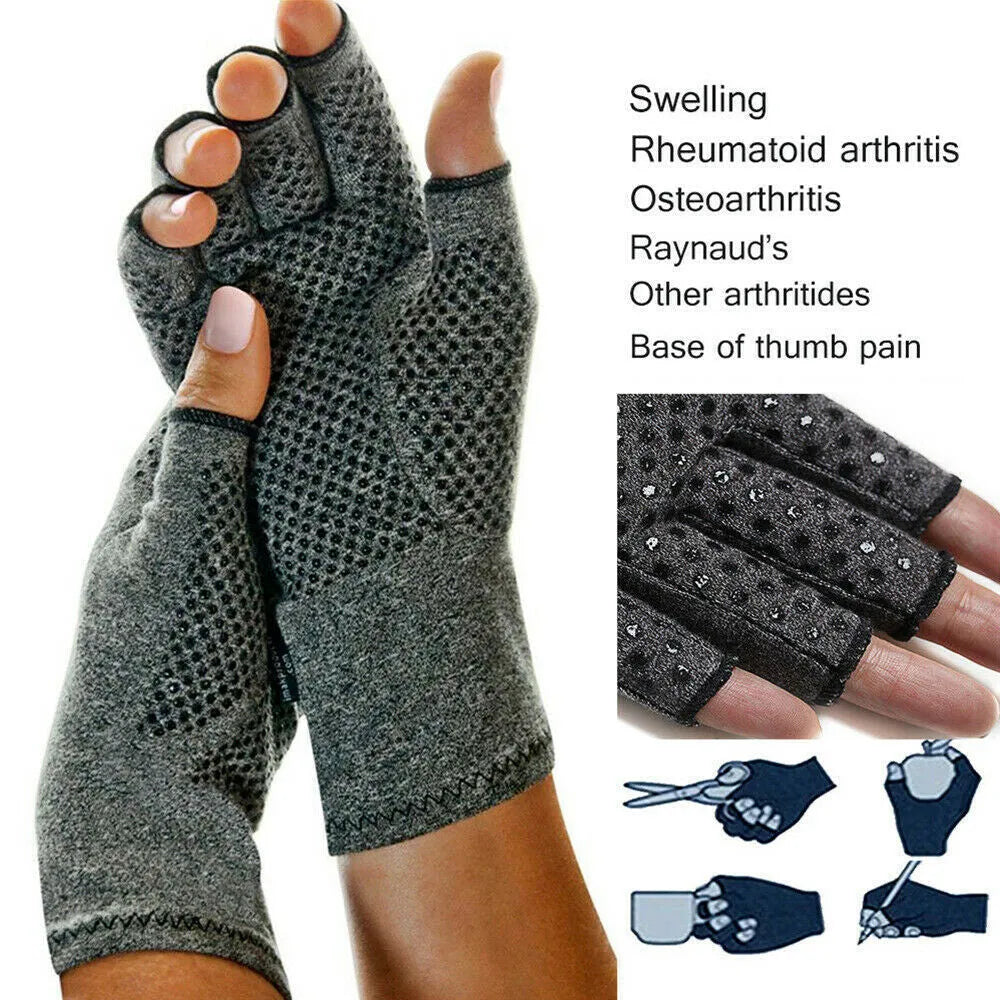 Grey half-finger compression gloves with anti-slip palm grips, shown in a flat lay.