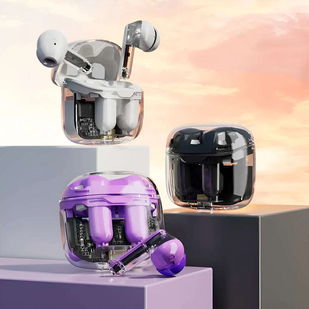 Transparent cabinet wireless Bluetooth in-ear headset in black, white, and purple colour options.