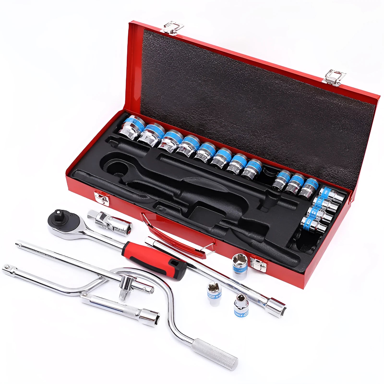 24-piece curved bow car repair wrench combination suit in storage case with chrome vanadium steel sockets