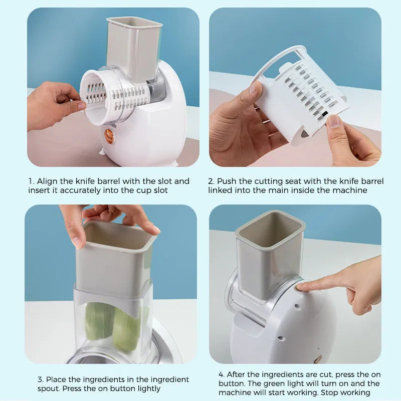 White electric vegetable slicer with rotary grater and strong suction base for kitchen use