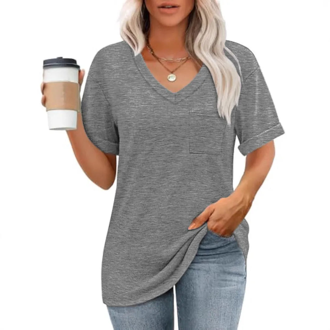 Grey loose fit V-neck T-shirt with short sleeves and a front chest pocket.