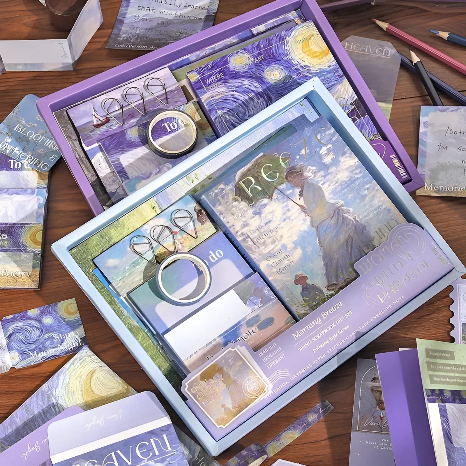 Hand Account Suit creative journal gift box open showing A6 grid notebook, paper stickers, cards, and photo frames.