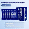 Toilet bubble effervescent cleaning powder in blue ocean and pink floral scents, showing large bag and box of sachets.