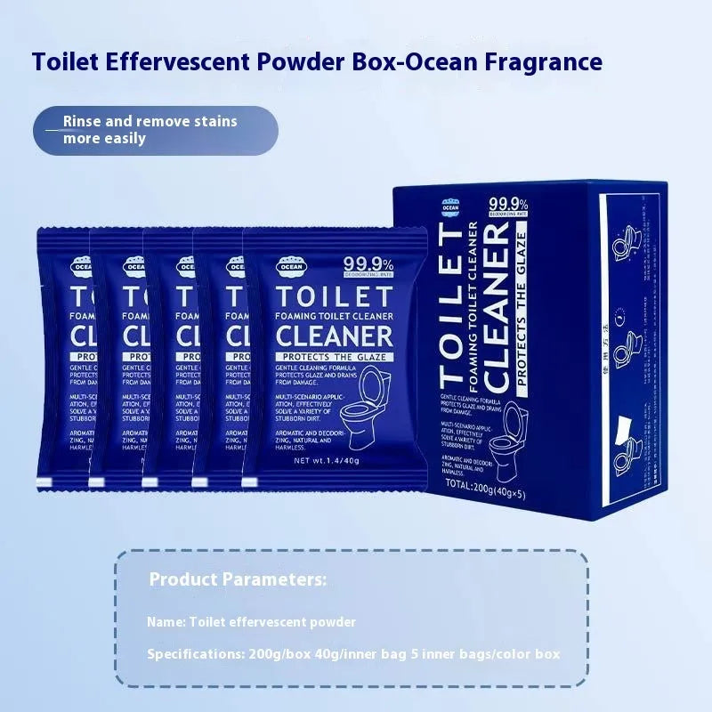 Toilet bubble effervescent cleaning powder in blue ocean and pink floral scents, showing large bag and box of sachets.