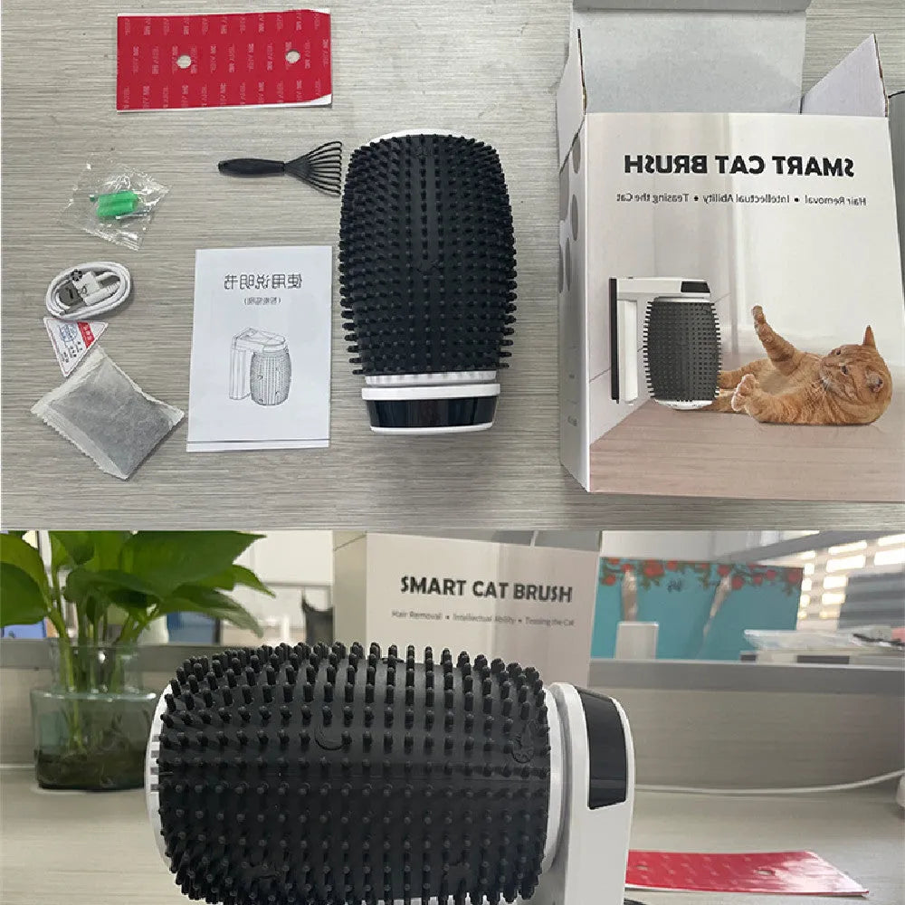 White automatic cat self groomer wall corner brush mounted in corner
