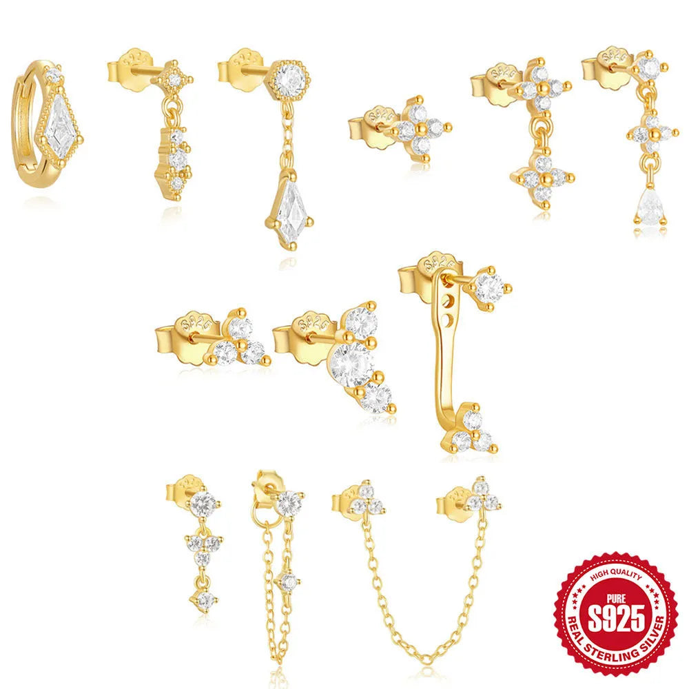 S925 sterling silver geometric earrings with zircon accents and tassel detailing in gold tone finish