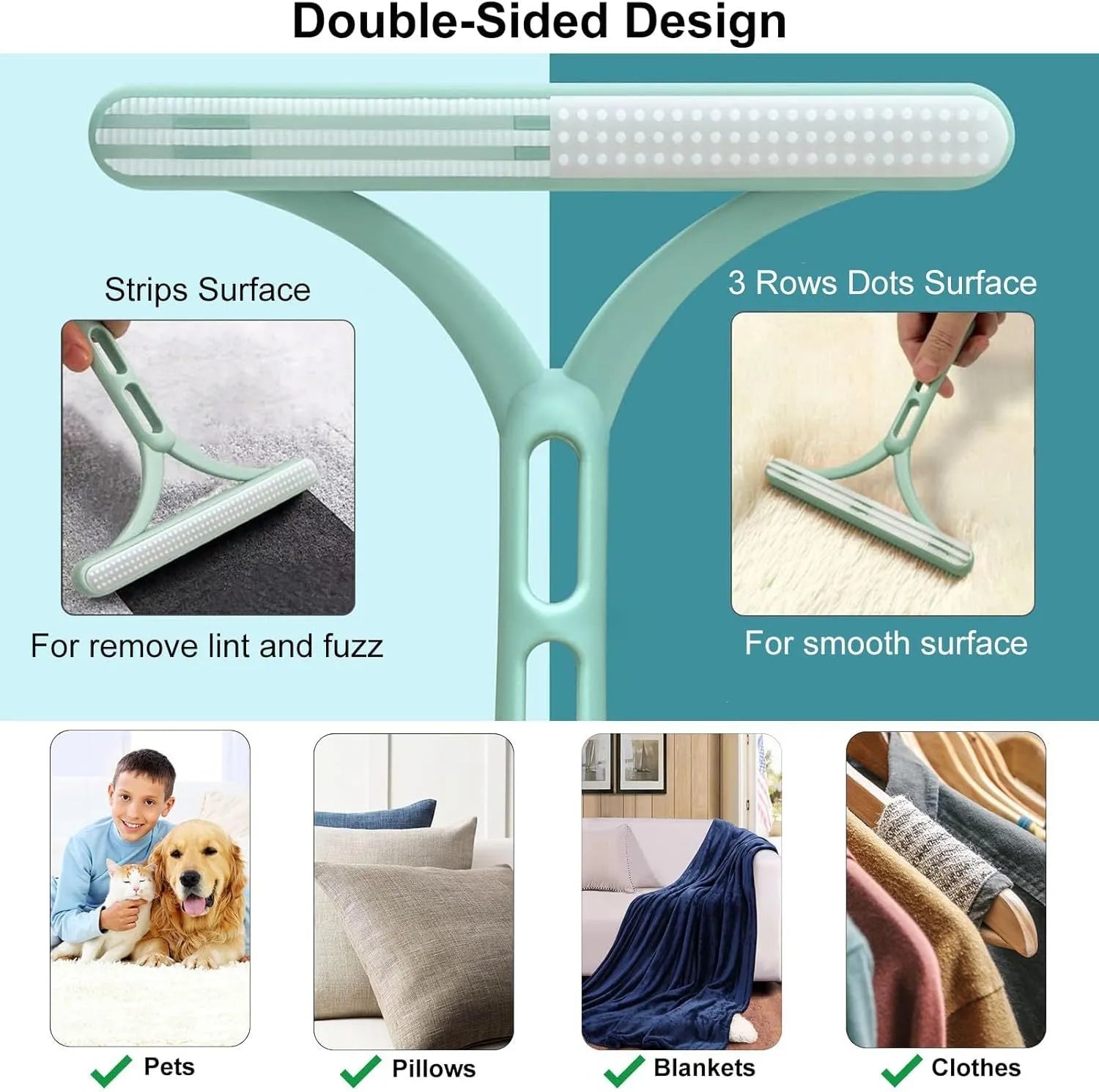 Green three-piece pet hair remover set with metal, silicone, and round cleaning heads.