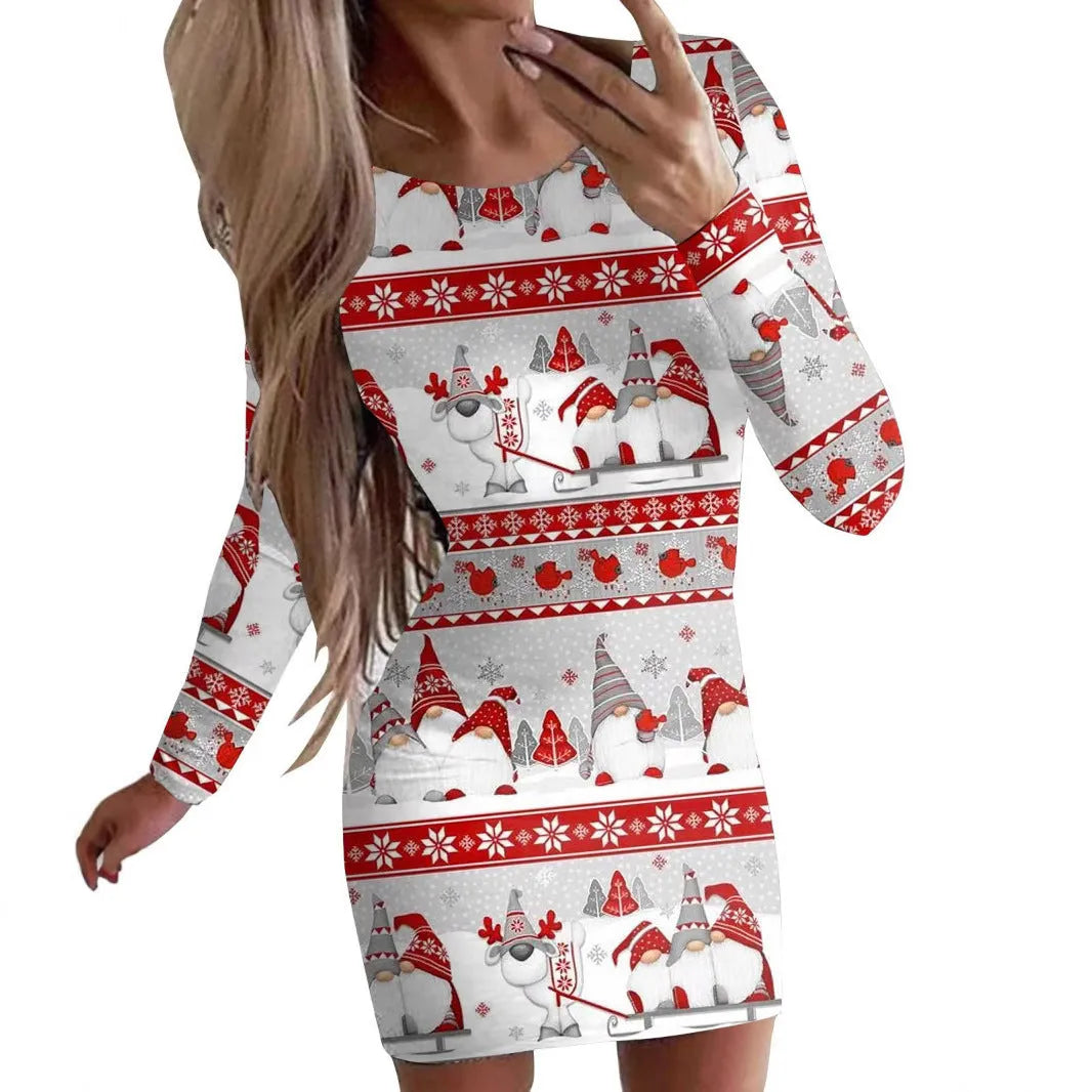 Christmas printed slim-fit dress with animal patterns and long sleeves in floral colour variant