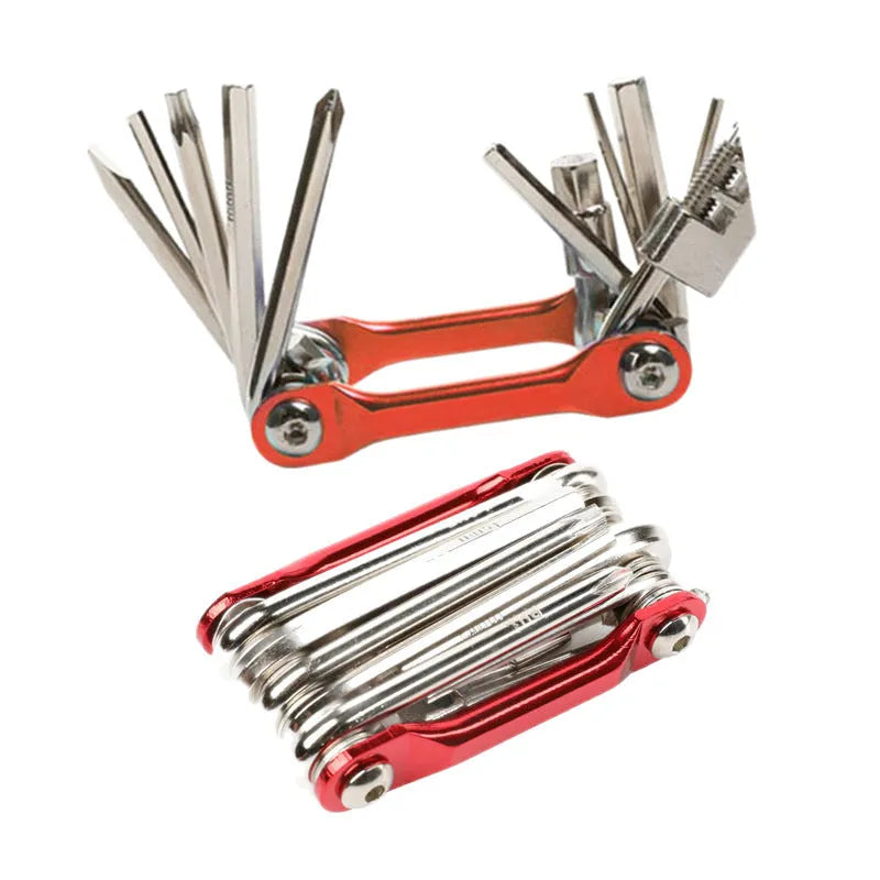 Black aluminium alloy combination bicycle repair tool set with chain breaker in a storage bag
