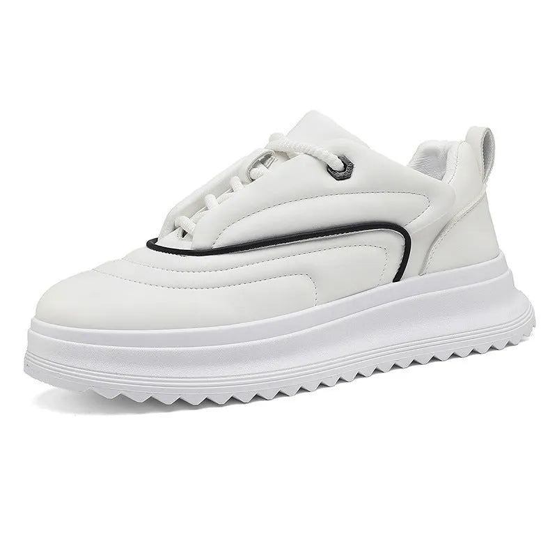 Men's and women's PU leather casual shoes with a thick sole in khaki, apricot, ivory white and black knight colours.