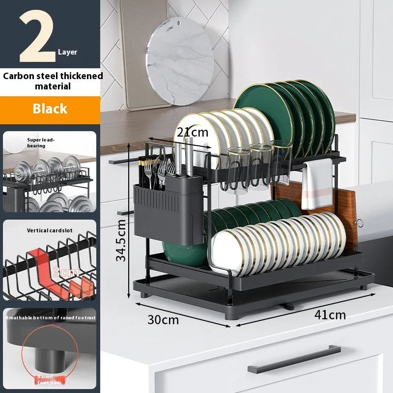 White double-layer kitchen storage rack with removable draining components on countertop