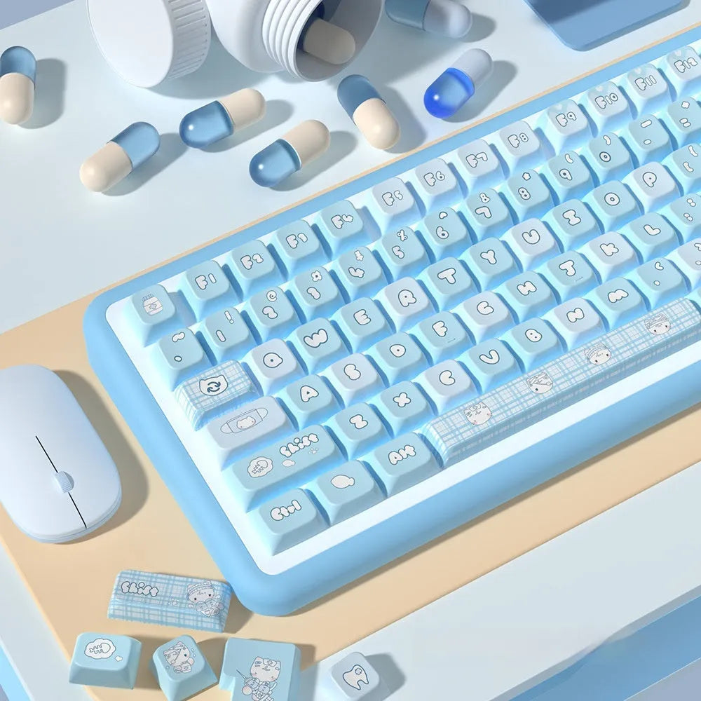 Watercolour kitten design custom keycaps for mechanical keyboards, PTB material, 138-key and 158-key set options.