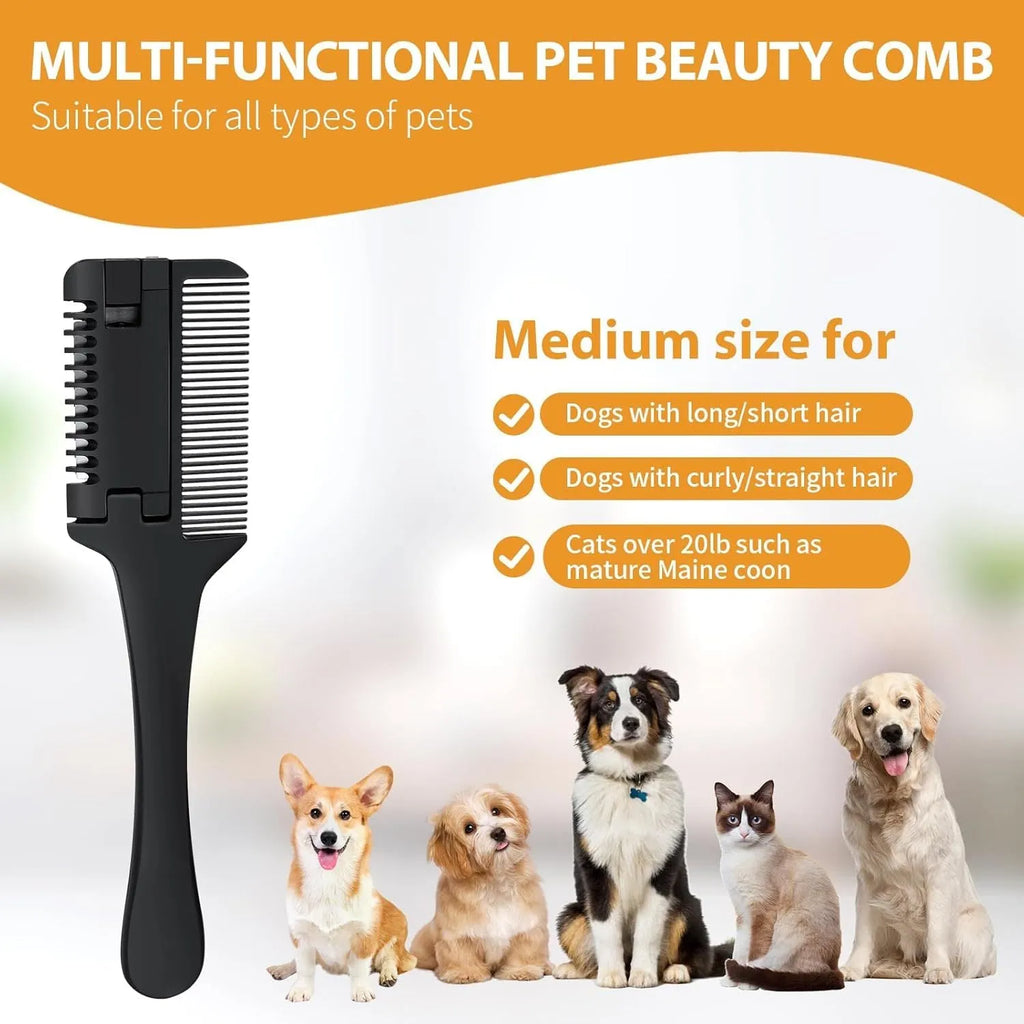 Dog grooming razor comb with detangling teeth and replaceable blades on a white background
