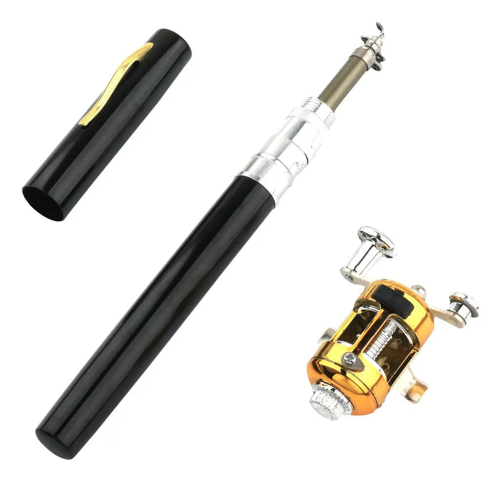Portable telescopic pen fishing rod extended to 1 metre with gold ST5RL fishing reel
