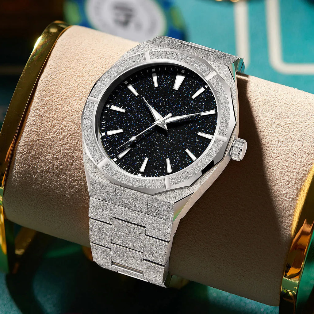 Business men's watch with frosted stainless steel case and luminous hands in silver, gold, and black colour options